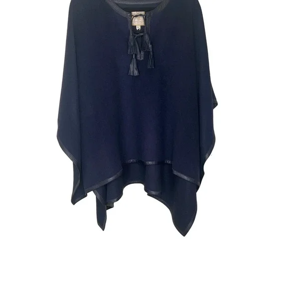 Stick & Ball Navy Blue Baby Alpaca Lambskin Leather Trimmed Poncho NWT $425.00 - Picture 5 of 15